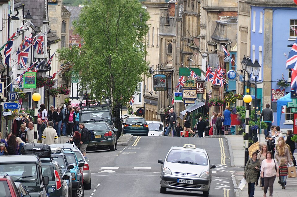 Glastonbury High Street with eclectic independent shops, Somerset