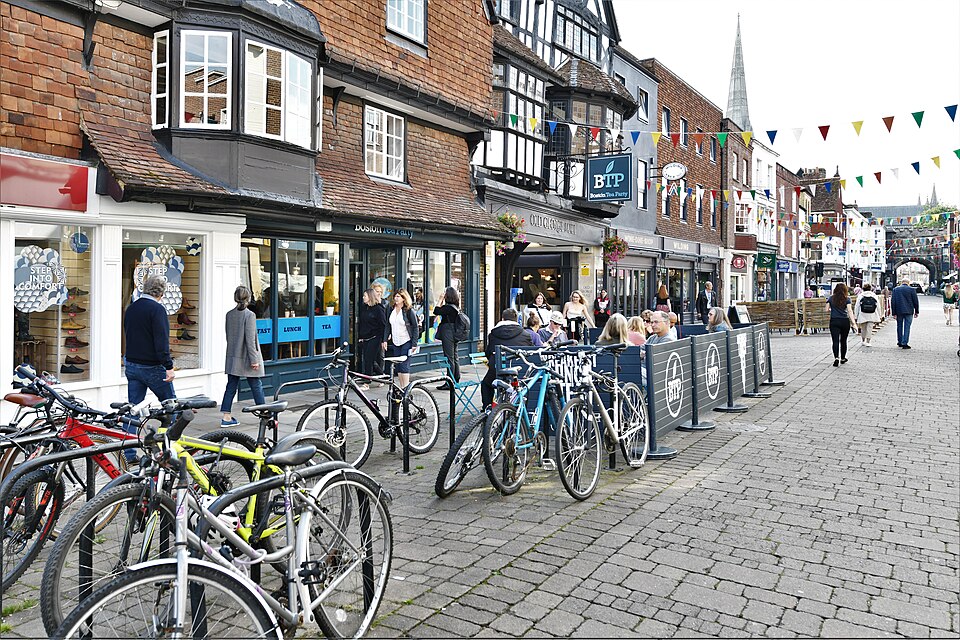 Salisbury High Street with medieval buildings and independent shops