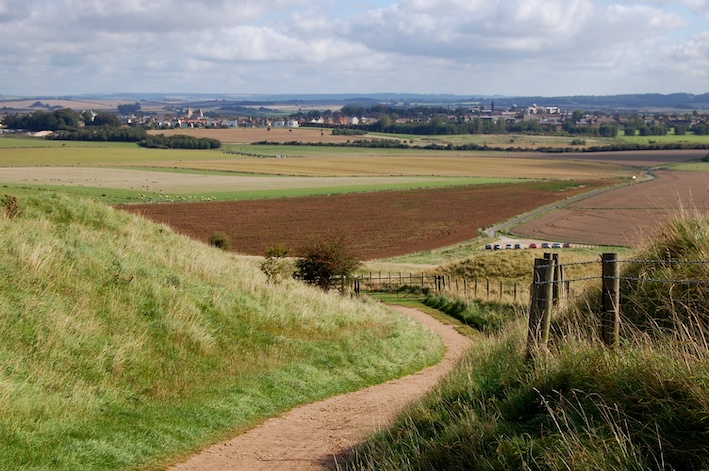 Maiden Castle Iron Age hill fort with ancient ramparts, Dorchester, Dorset